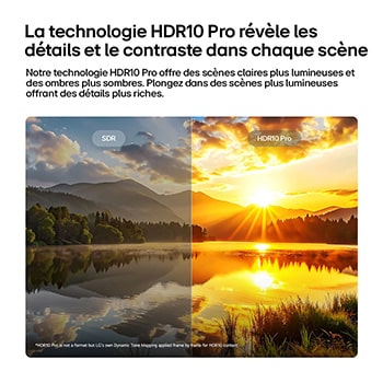 LG NANO 4K UHD AI nu85 highlights HDR10 Pro in a split scenic image comparing SDR and HDR10 Pro, revealing brighter highlights, deeper shadows, and enhanced contrast in a sunset lake scene for richer detail and clarity.